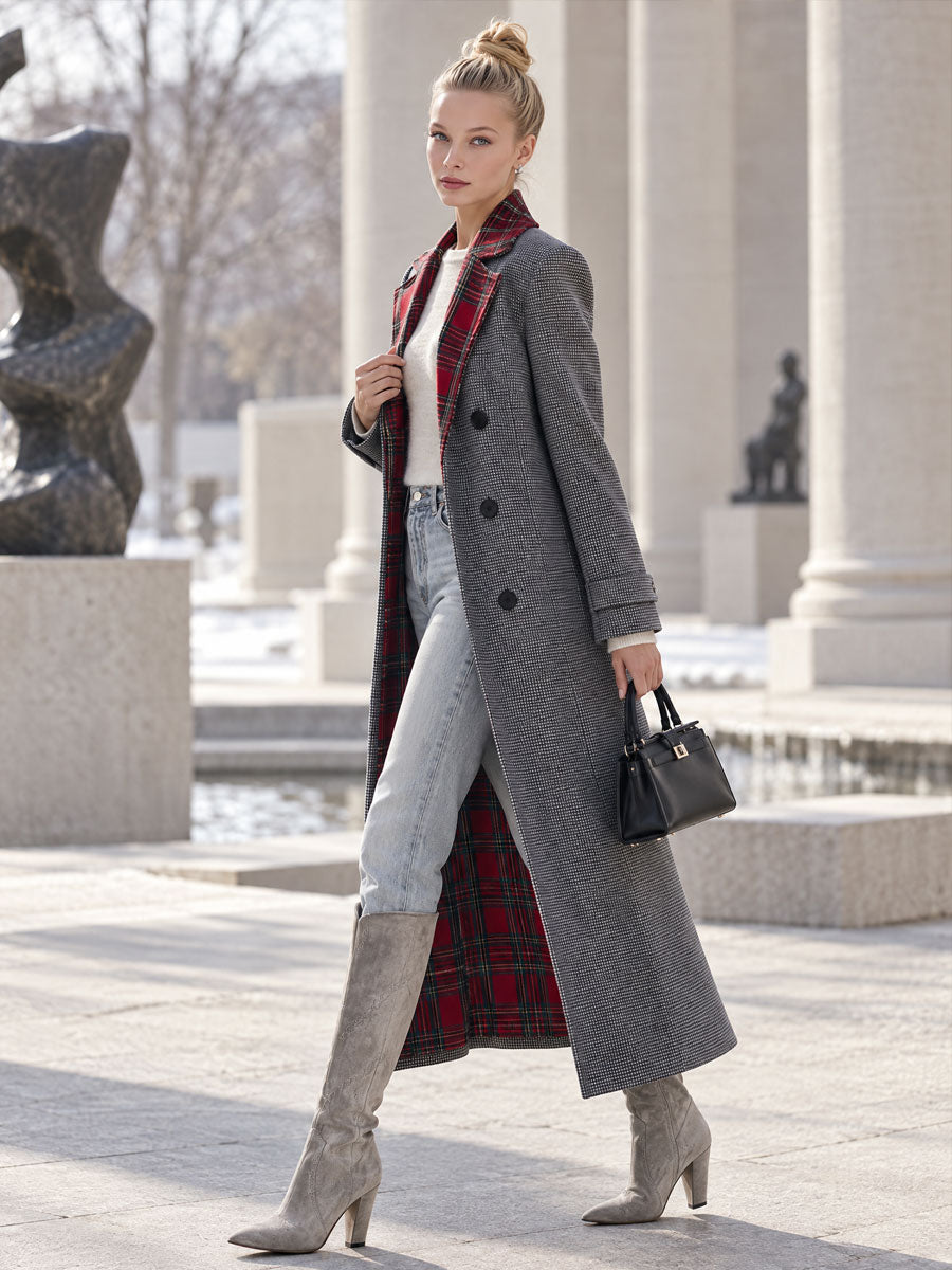 Classic Retro Red Plaid Lapel Grey Double-breasted Long Coat