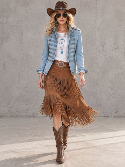 Western Retro Fringed Camel-colored Faux Suede Belted Midi Skirt