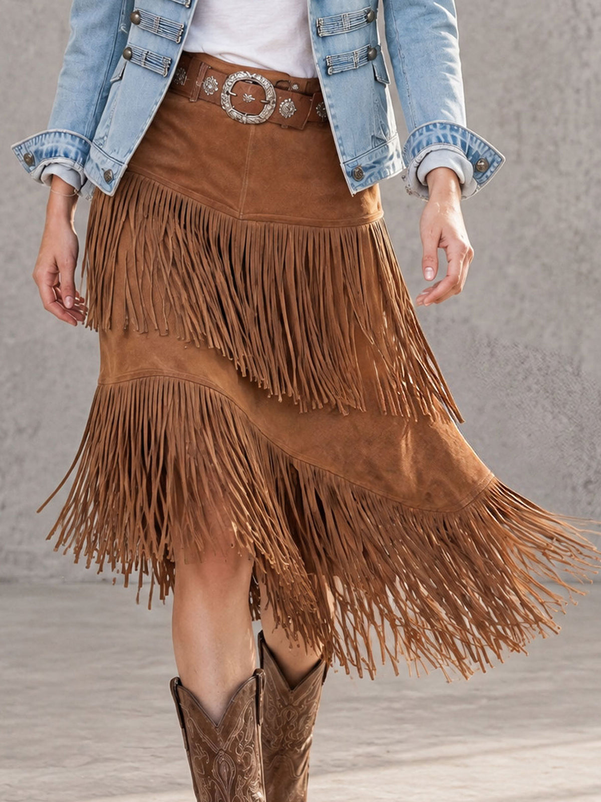 Western Retro Fringed Camel-colored Faux Suede Belted Midi Skirt