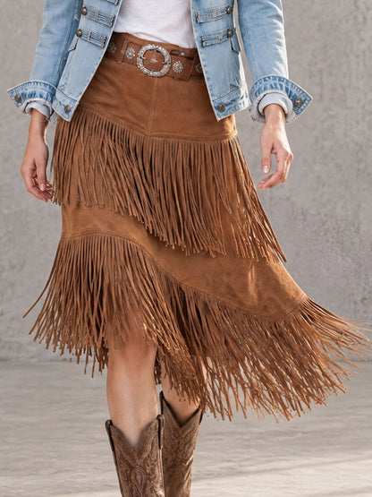 Western Retro Fringed Camel-colored Faux Suede Belted Midi Skirt