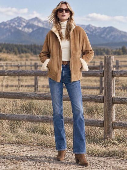 Casual Retro Fleece-lined Camel-colored Faux Suede Jacket/coat