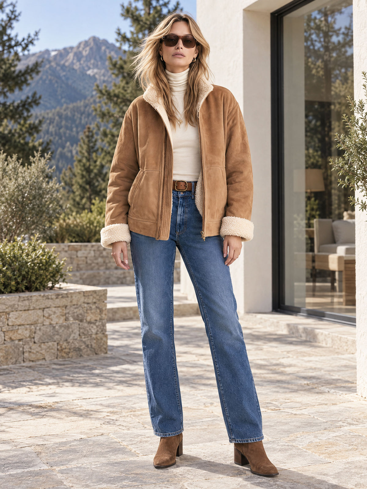 Casual Retro Fleece-lined Camel-colored Faux Suede Jacket/coat