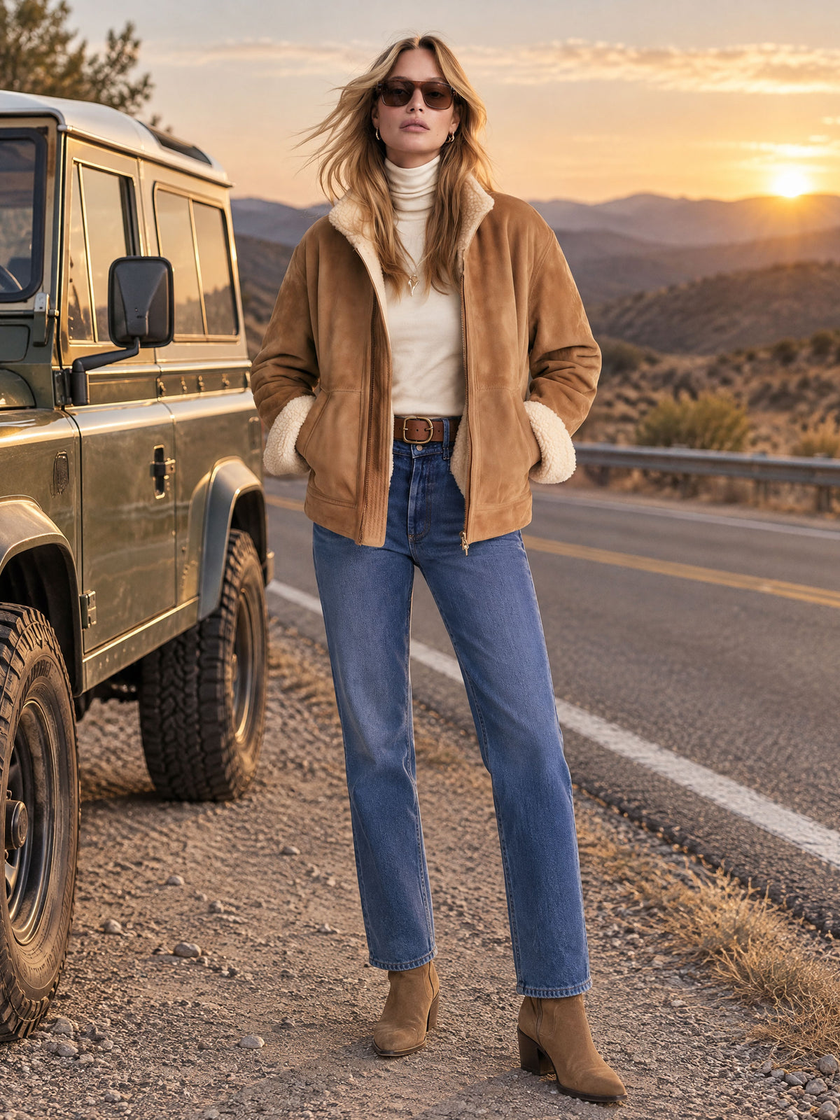 Casual Retro Fleece-lined Camel-colored Faux Suede Jacket/coat