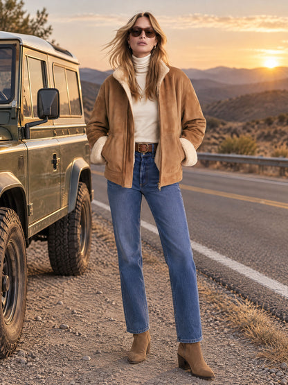 Casual Retro Fleece-lined Camel-colored Faux Suede Jacket/coat