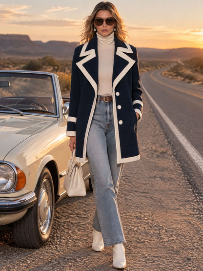 Casual Retro PU Trim Navy Blue Fleece Coat