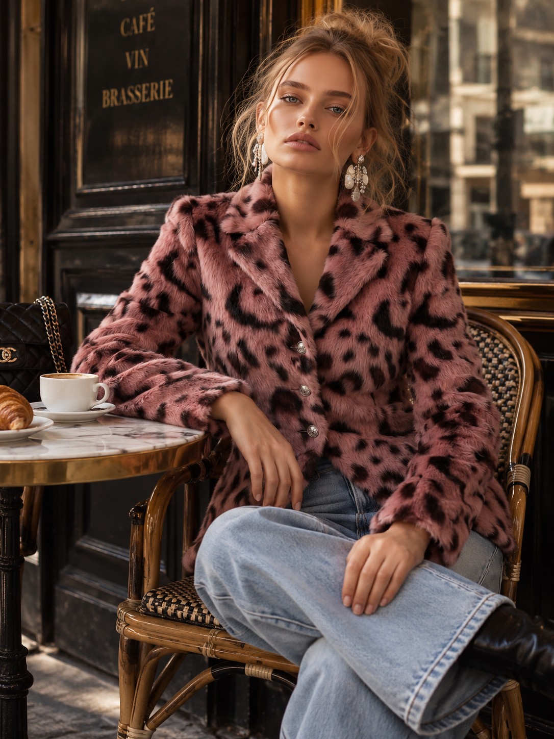 Stylish Pink Leopard-Print Faux Fur Collar Short Coat