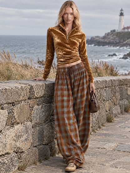 Retro Elegant Gold Velvet Stand-Collar Zip Top And Plaid Print Loose Wide-Leg Trousers Set