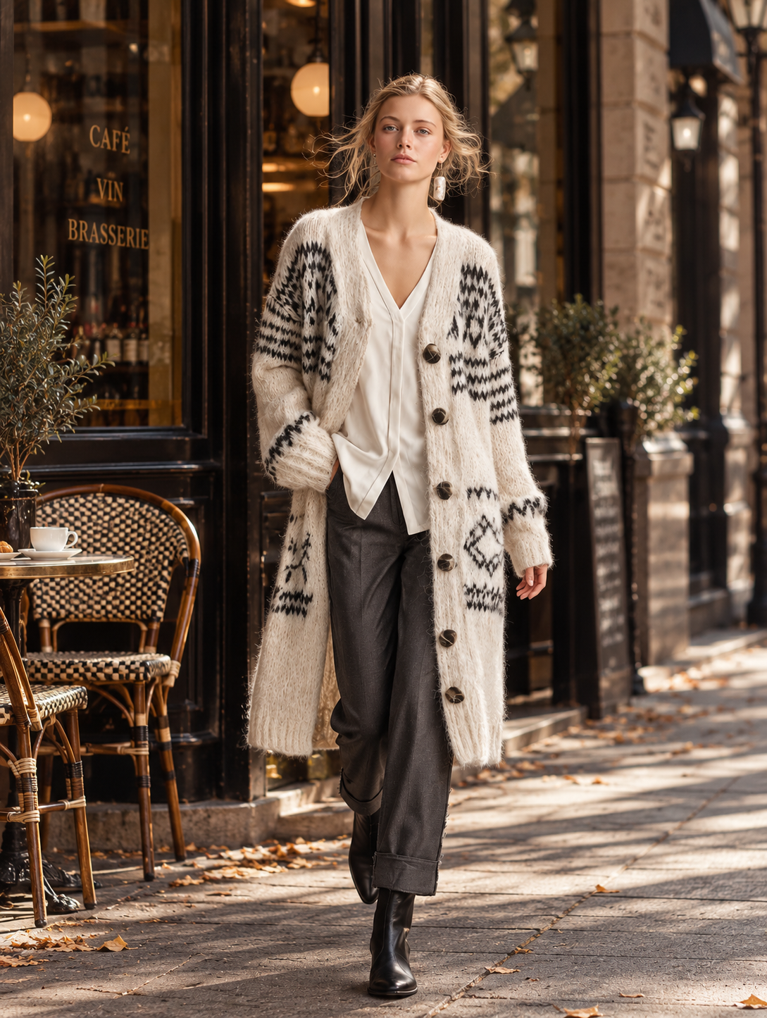 Stylish And Warm White Geometric-Pattern Knit Cardigan