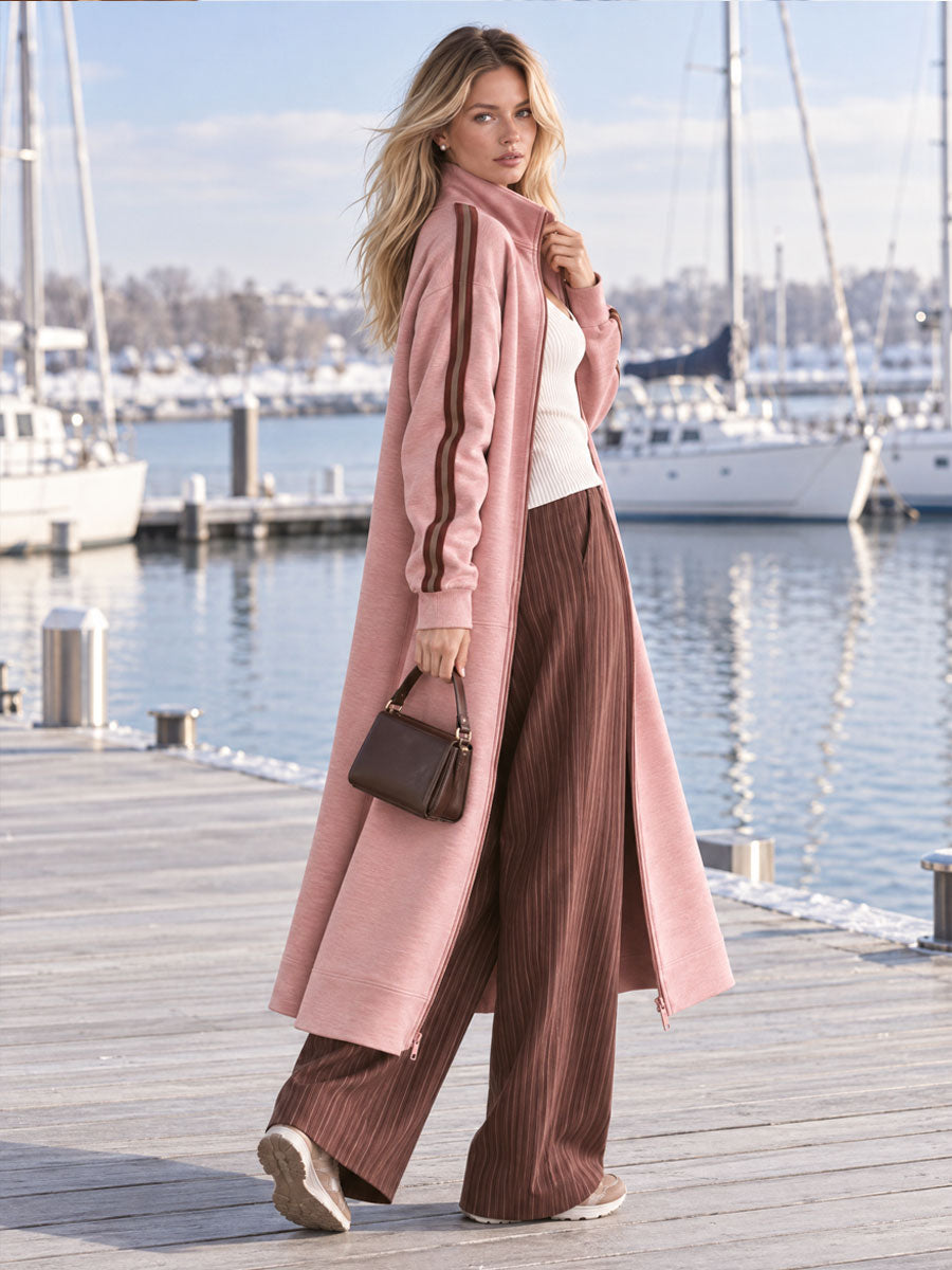 Retro Casual Pink Contrast Side-Stripe Stand-Collar Zip-Up Long Sweatshirt Coat