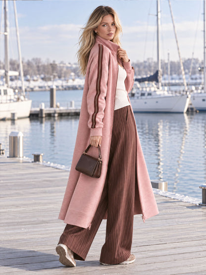 Retro Casual Pink Contrast Side-Stripe Stand-Collar Zip-Up Long Sweatshirt Coat