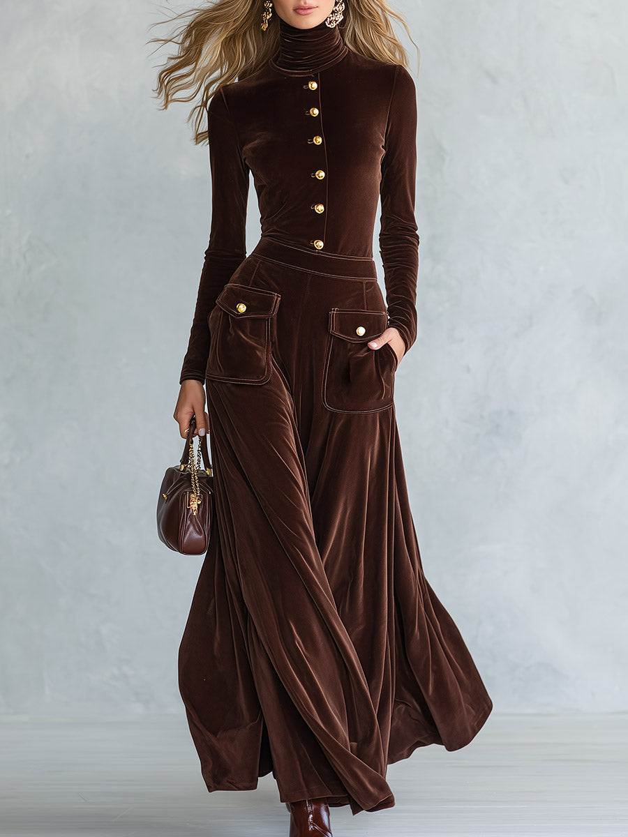 Premium Minimalist Brown Button-Detail High-Neck Velvet Maxi Dress