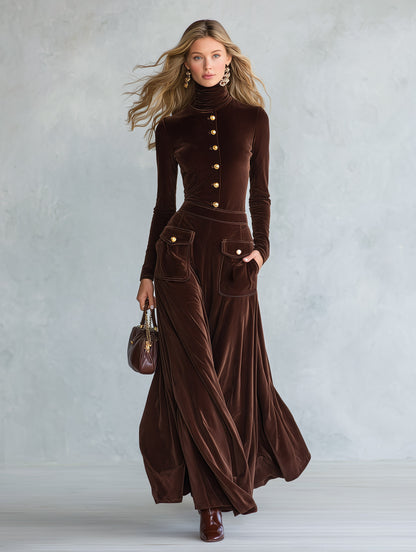Premium Minimalist Brown Button-Detail High-Neck Velvet Maxi Dress