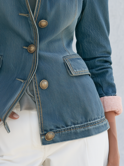 Puff Shoulder Denim Military Jacket With Gold Buttons
