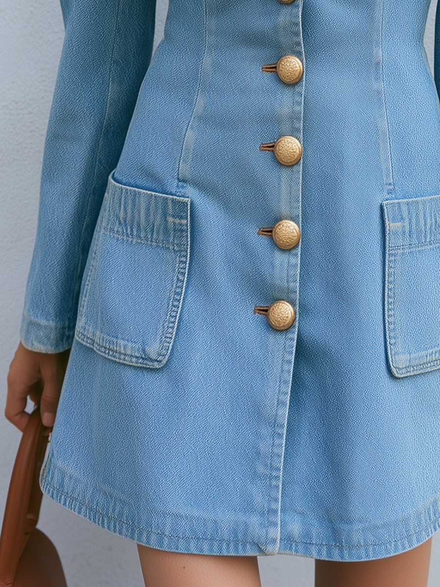 Light Wash Denim Blazer Mini Dress With Gold Buttons