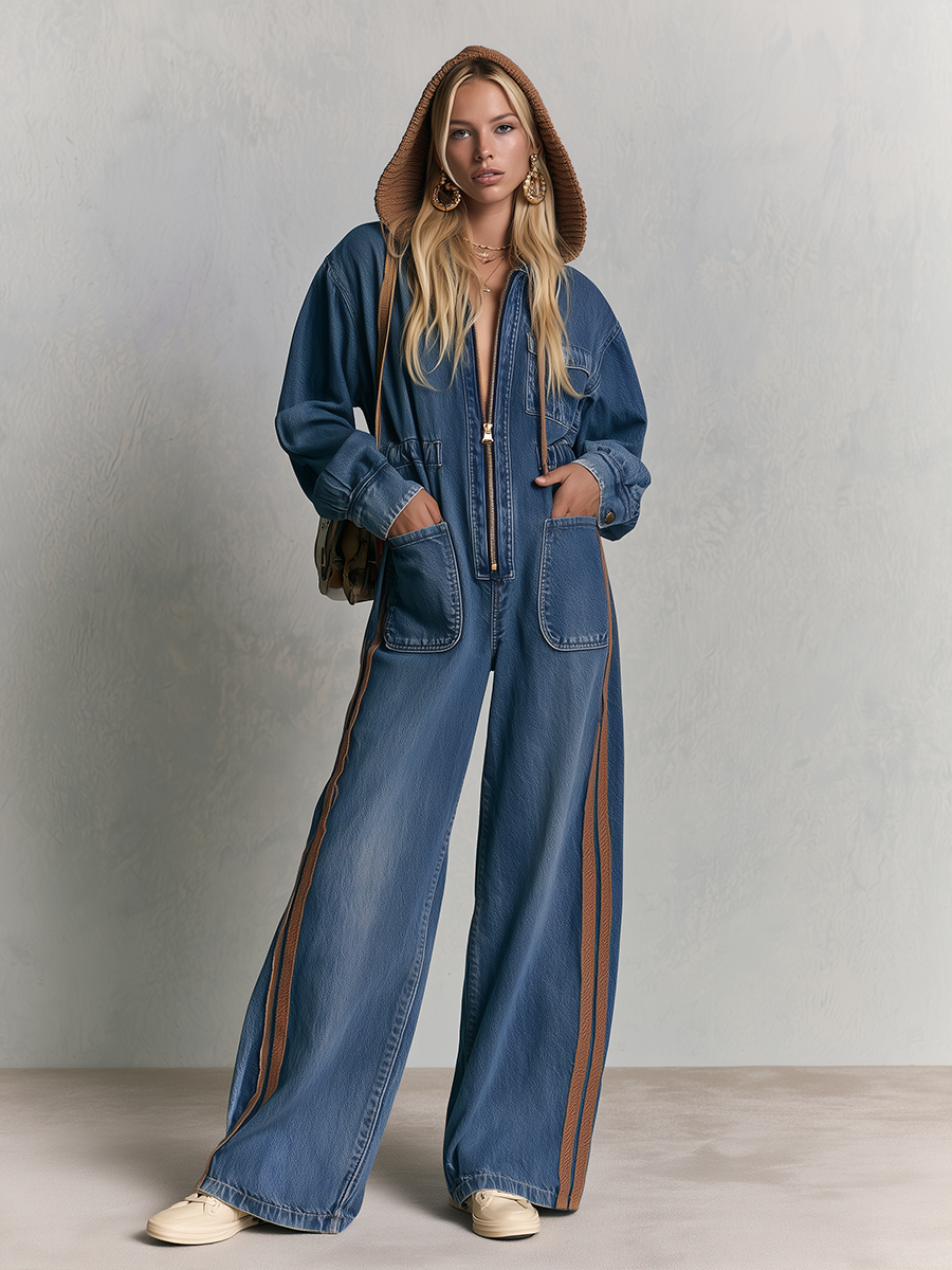 Hooded Wide Leg Denim Jumpsuit With Side Stripes