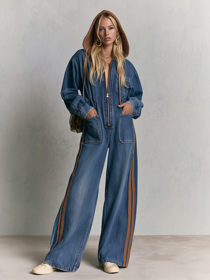 Hooded Wide Leg Denim Jumpsuit With Side Stripes