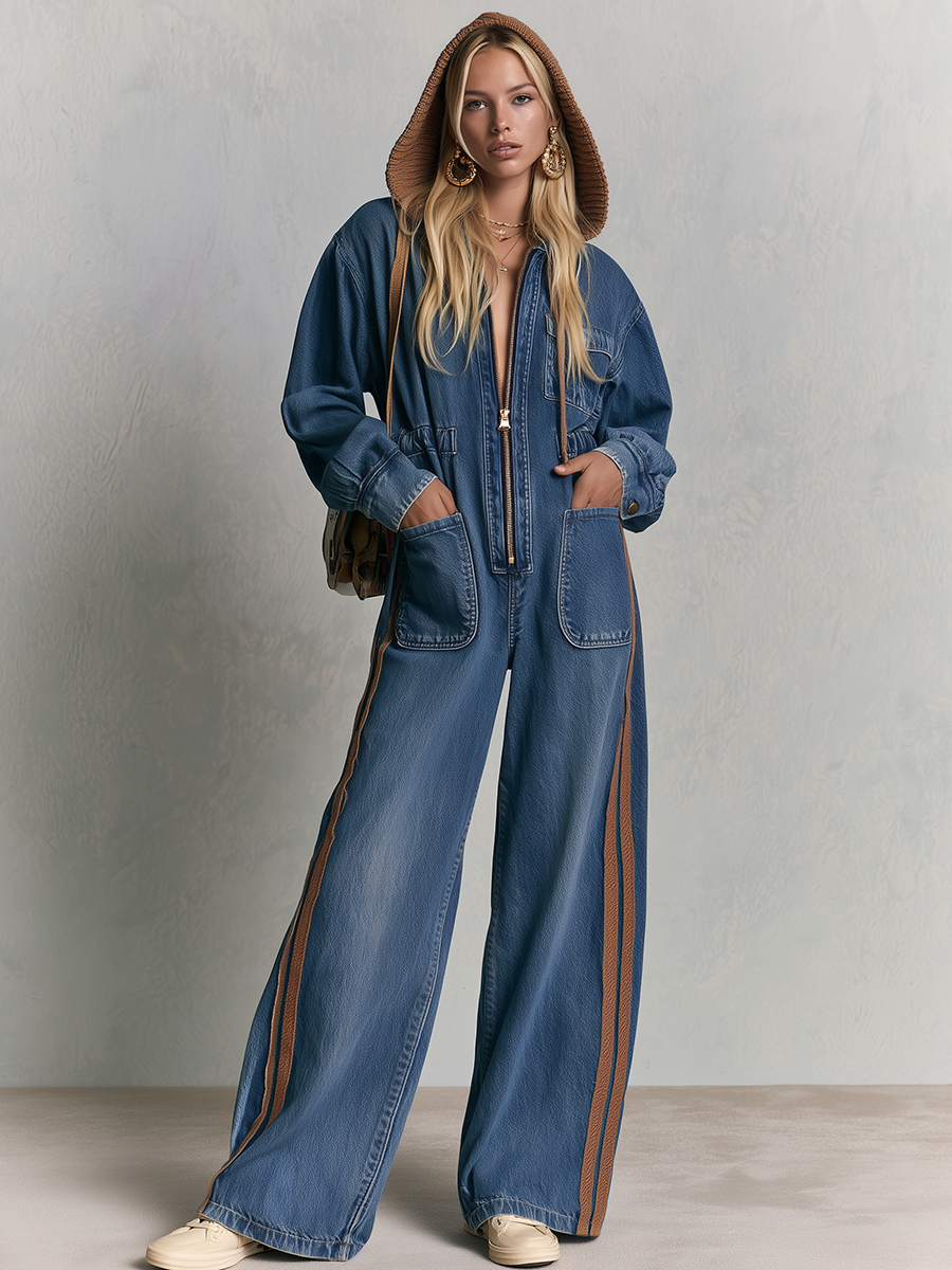 Hooded Wide Leg Denim Jumpsuit With Side Stripes