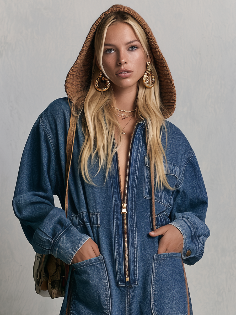 Hooded Wide Leg Denim Jumpsuit With Side Stripes