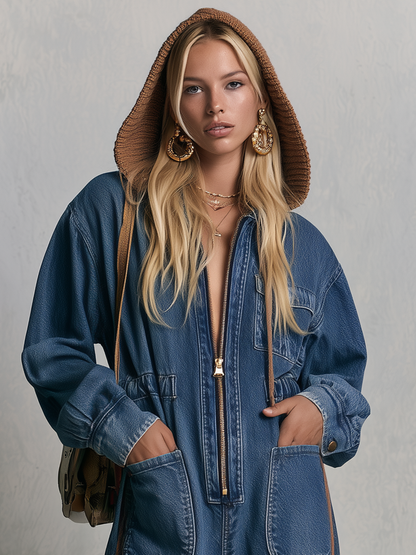 Hooded Wide Leg Denim Jumpsuit With Side Stripes