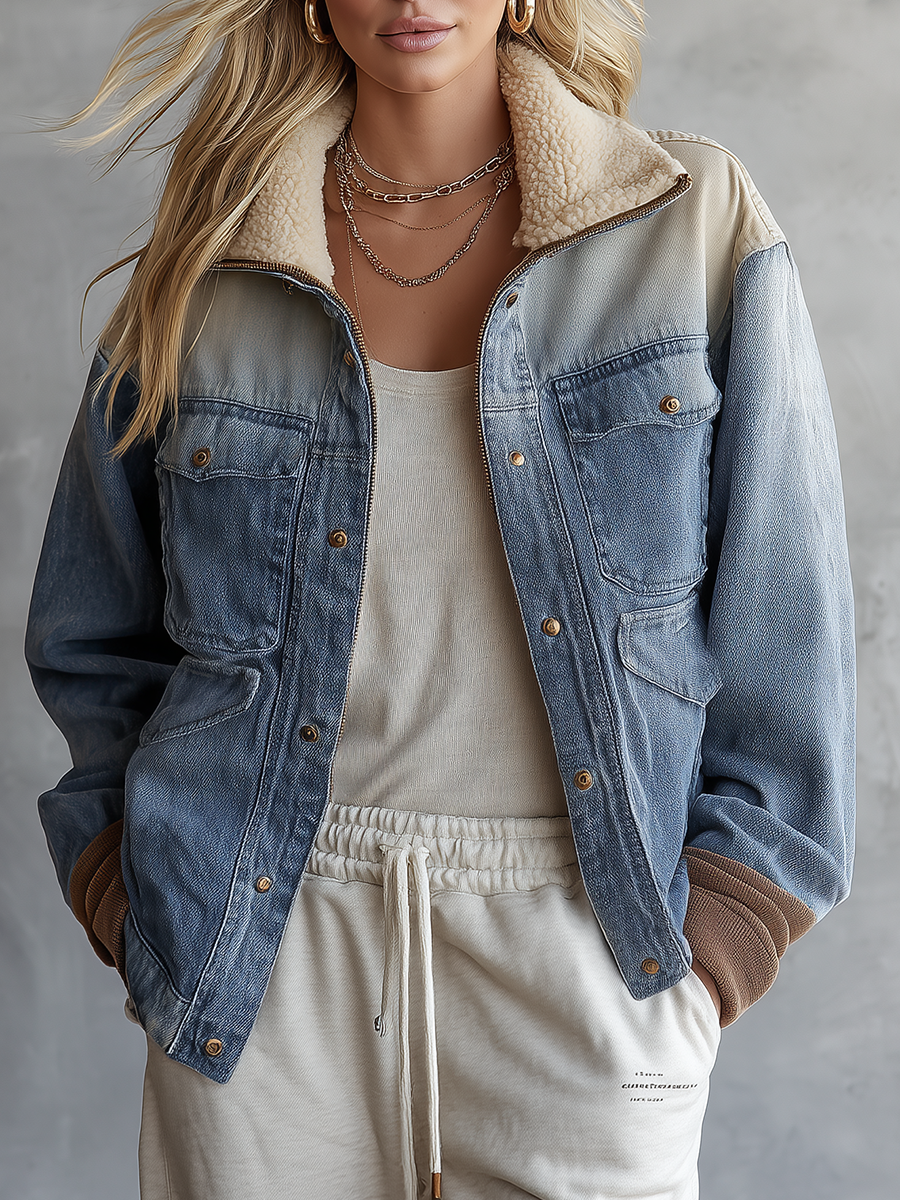 Sherpa Collar Colorblock Denim Jacket
