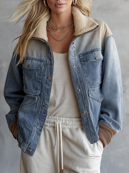 Sherpa Collar Colorblock Denim Jacket