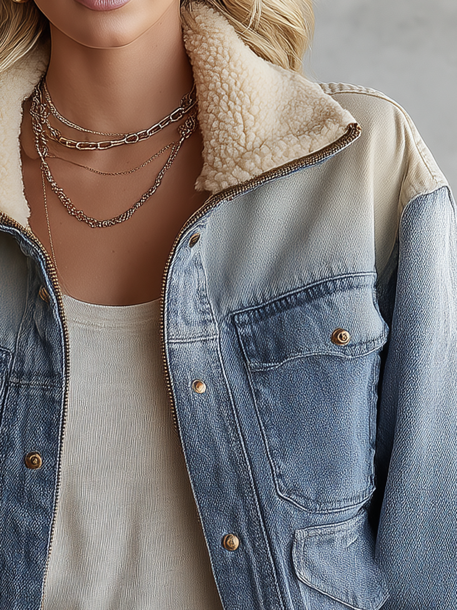Sherpa Collar Colorblock Denim Jacket