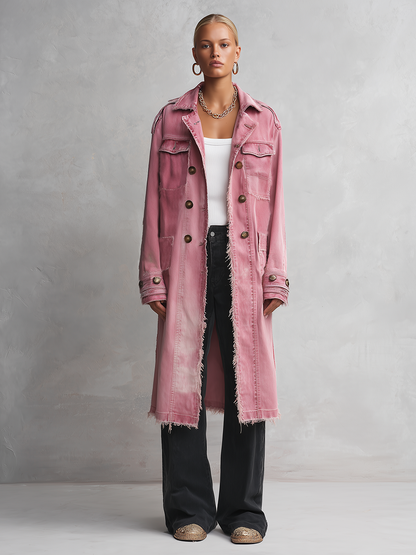 Pink Frayed Longline Denim Trench Coat