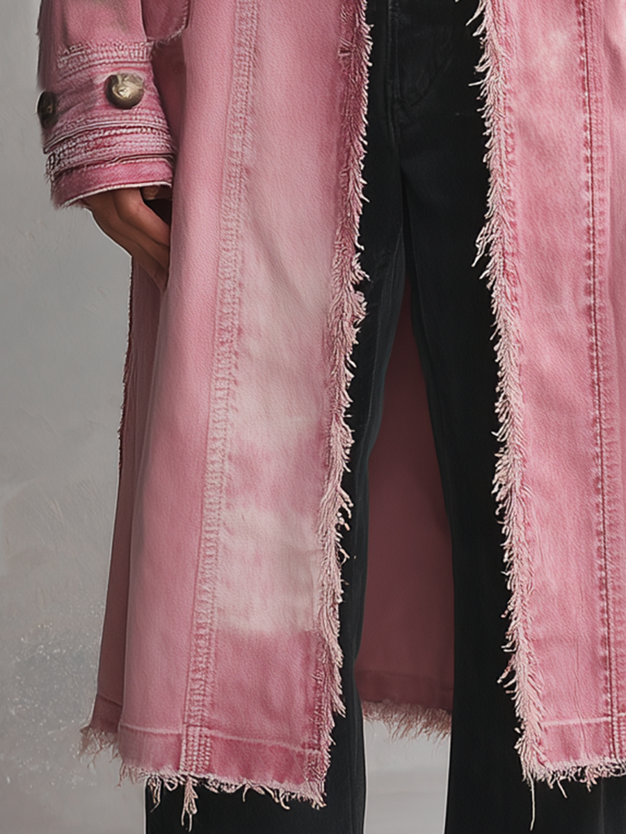 Pink Frayed Longline Denim Trench Coat
