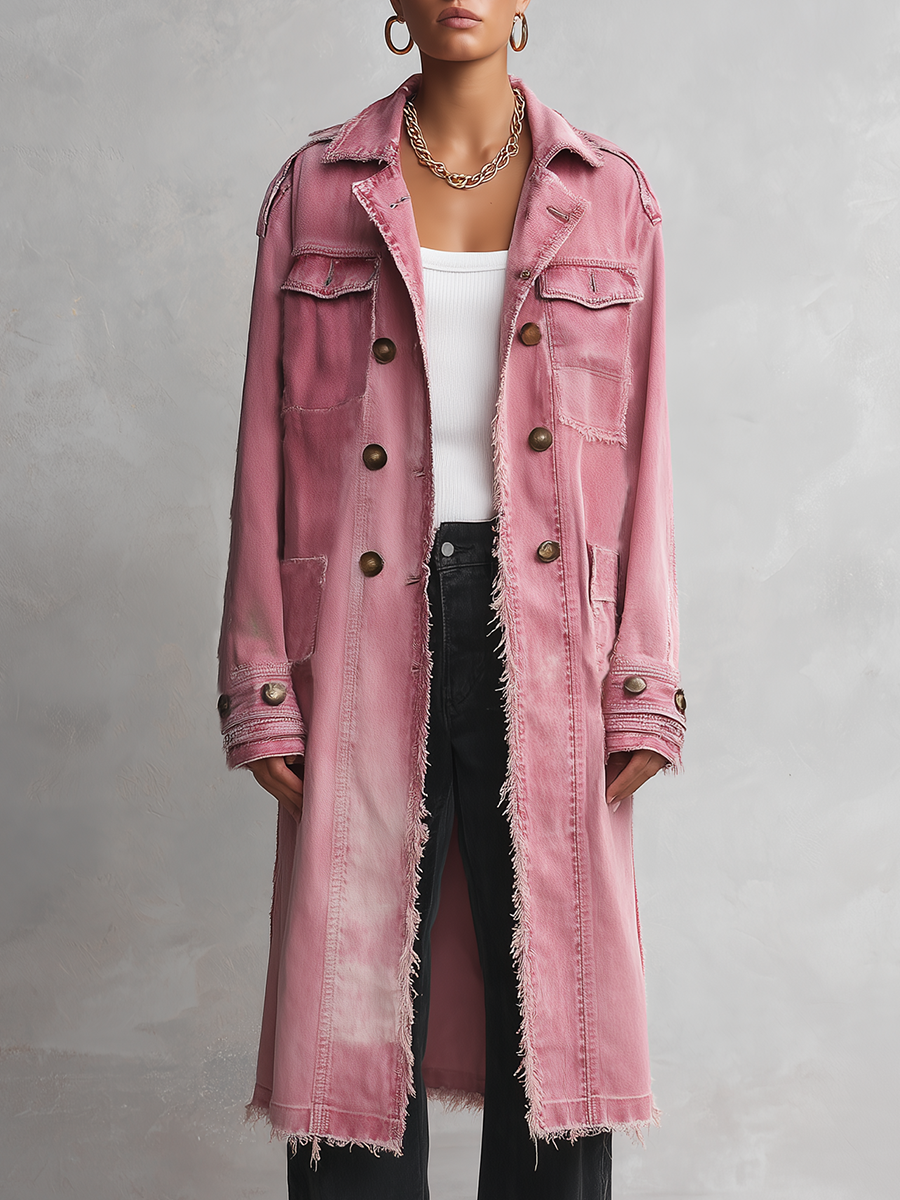Pink Frayed Longline Denim Trench Coat