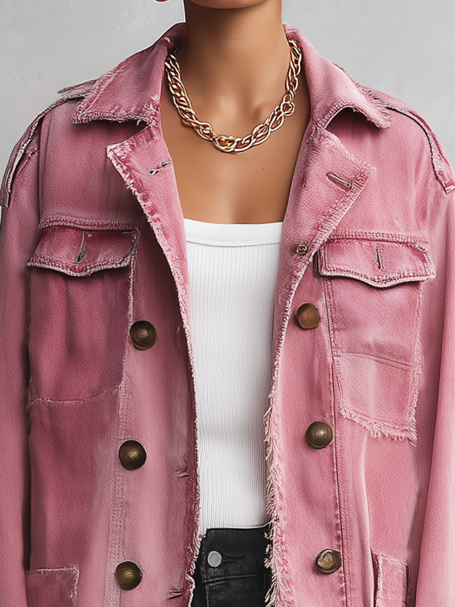 Pink Frayed Longline Denim Trench Coat