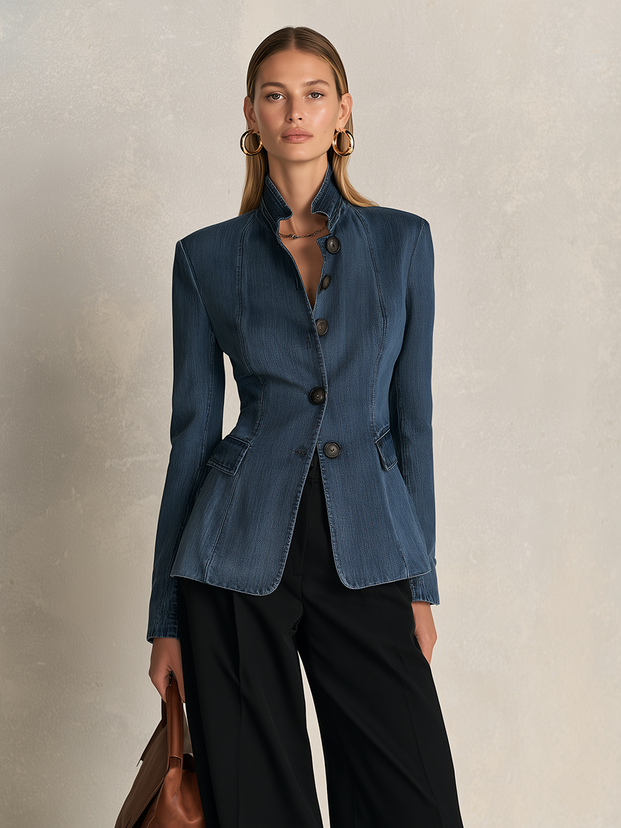 Indigo Stand Collar Denim Blazer Jacket