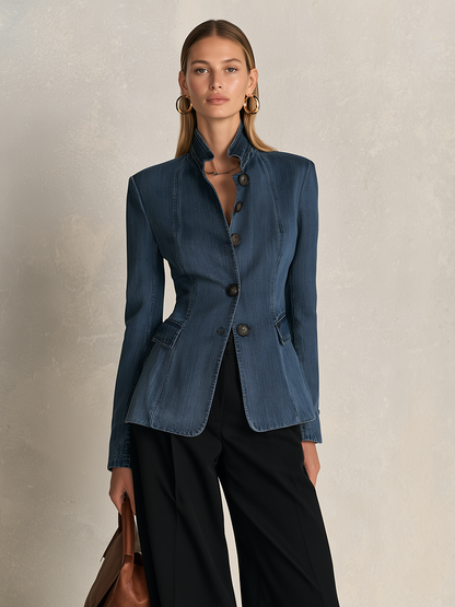 Indigo Stand Collar Denim Blazer Jacket