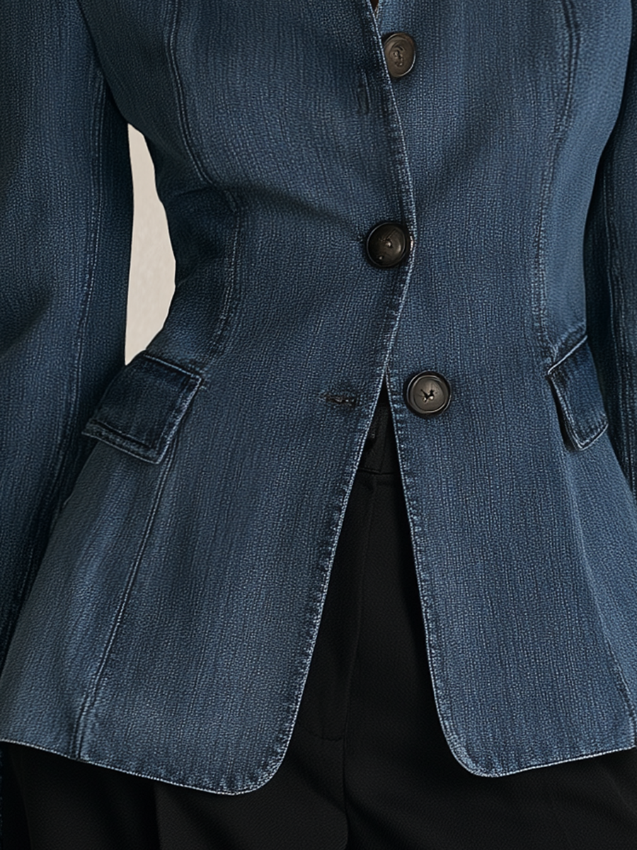 Indigo Stand Collar Denim Blazer Jacket