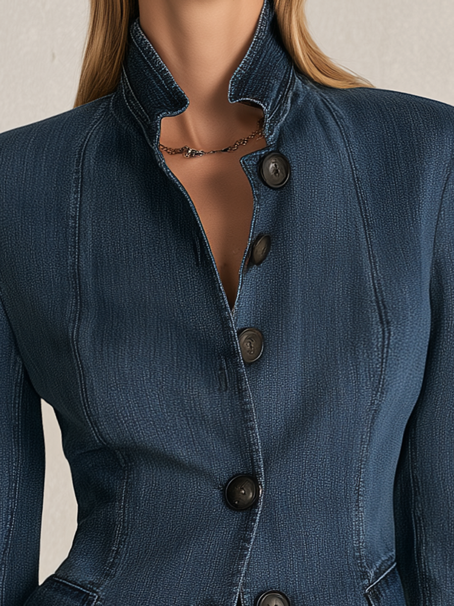 Indigo Stand Collar Denim Blazer Jacket