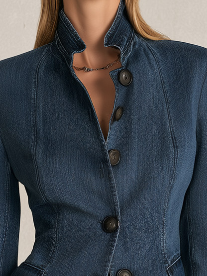 Indigo Stand Collar Denim Blazer Jacket