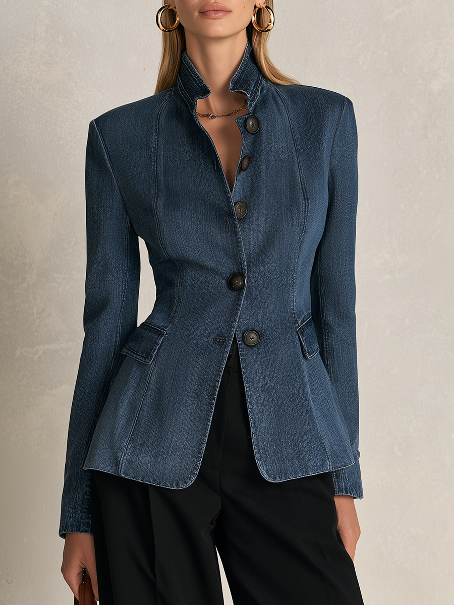 Indigo Stand Collar Denim Blazer Jacket