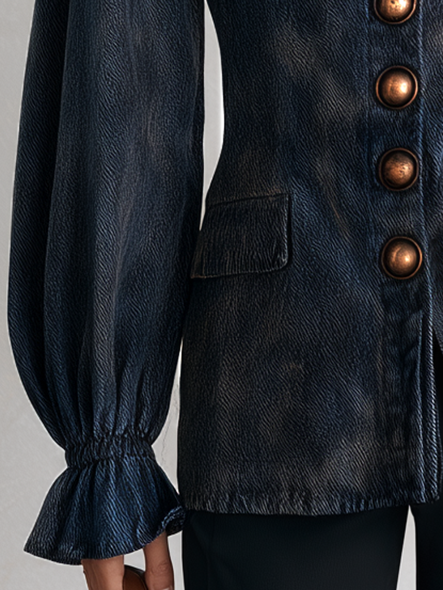 Navy Balloon Sleeve Denim Blouse Jacket