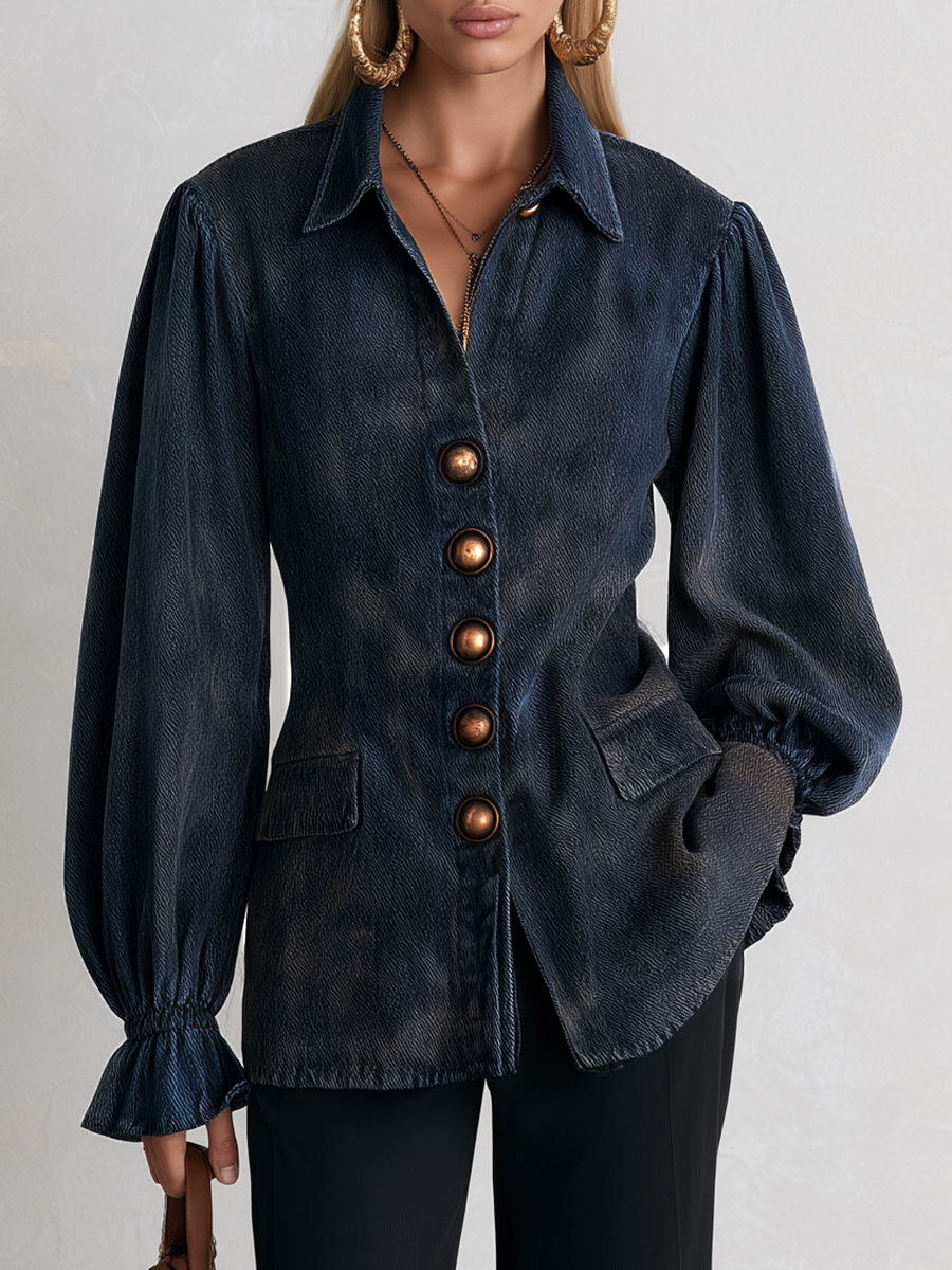 Navy Balloon Sleeve Denim Blouse Jacket