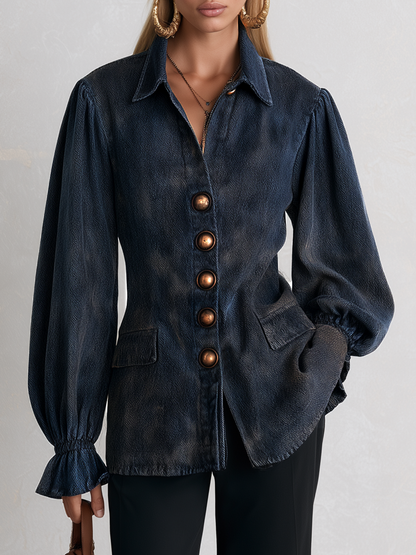 Navy Balloon Sleeve Denim Blouse Jacket