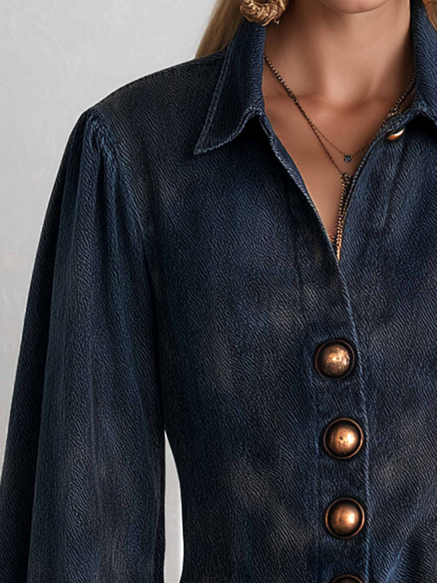Navy Balloon Sleeve Denim Blouse Jacket