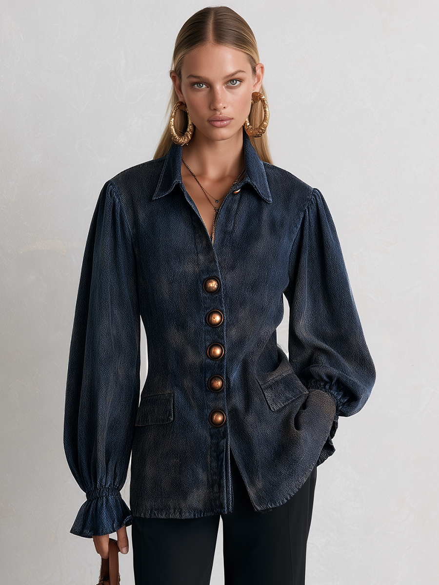 Navy Balloon Sleeve Denim Blouse Jacket