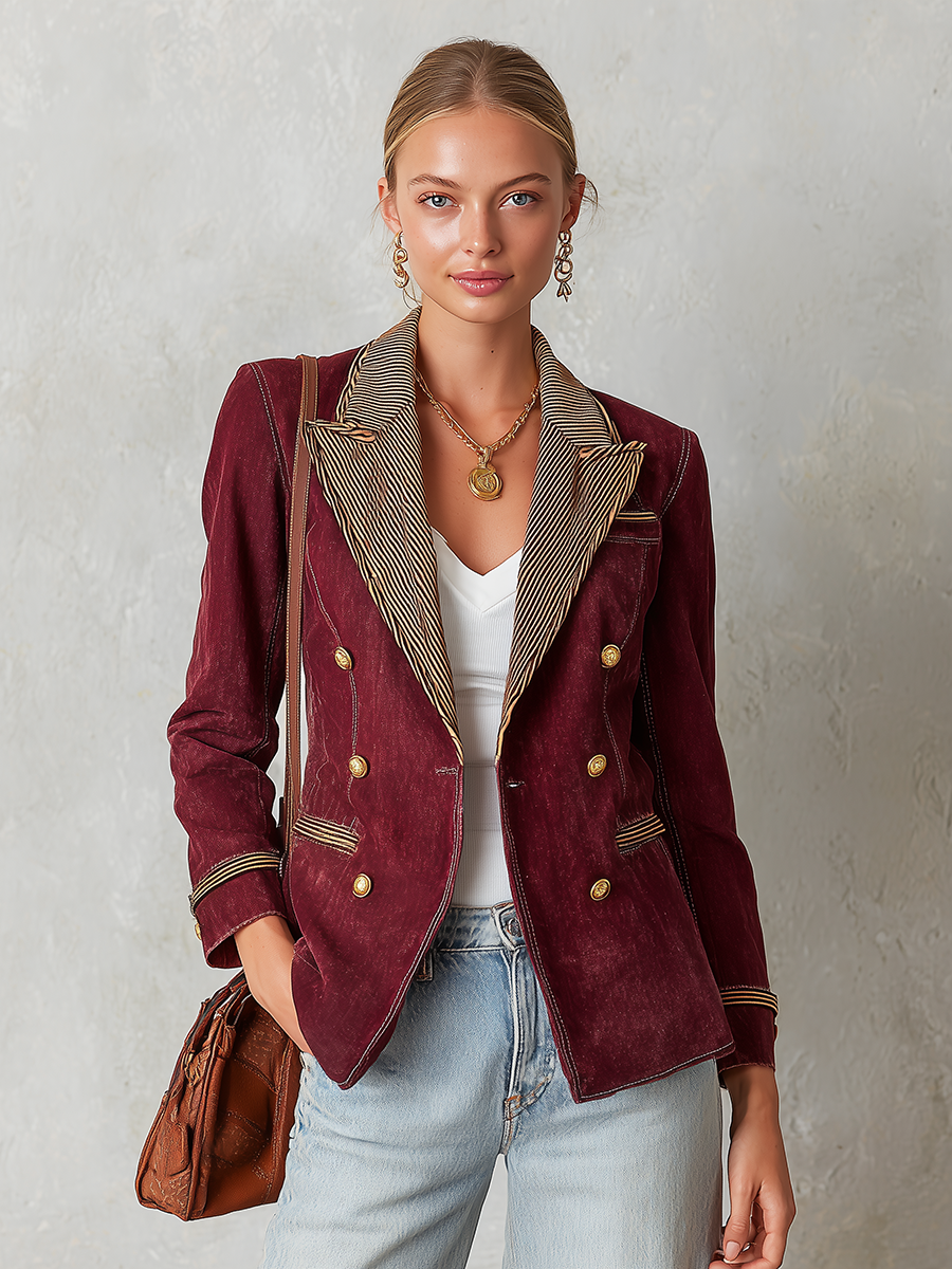 Burgundy Double Breasted Blazer With Striped Lapels