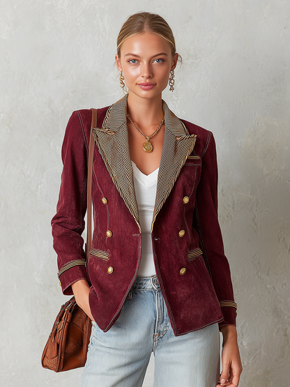 Burgundy Double Breasted Blazer With Striped Lapels