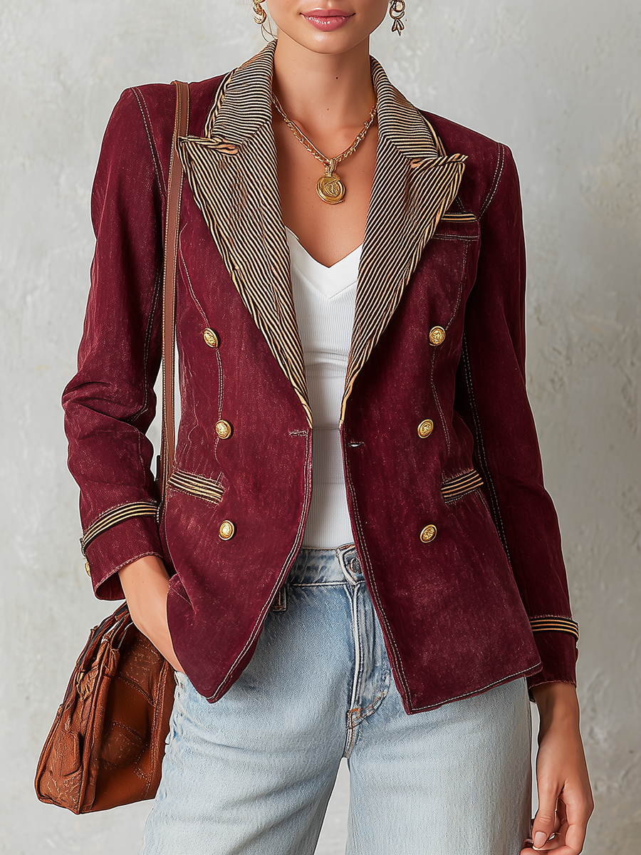 Burgundy Double Breasted Blazer With Striped Lapels