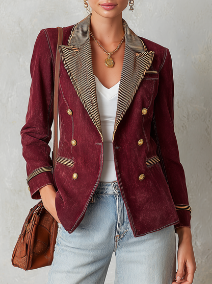 Burgundy Double Breasted Blazer With Striped Lapels