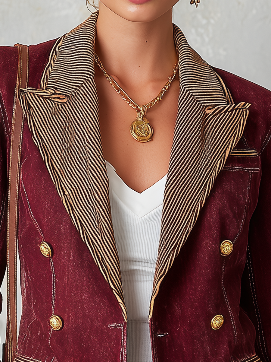 Burgundy Double Breasted Blazer With Striped Lapels