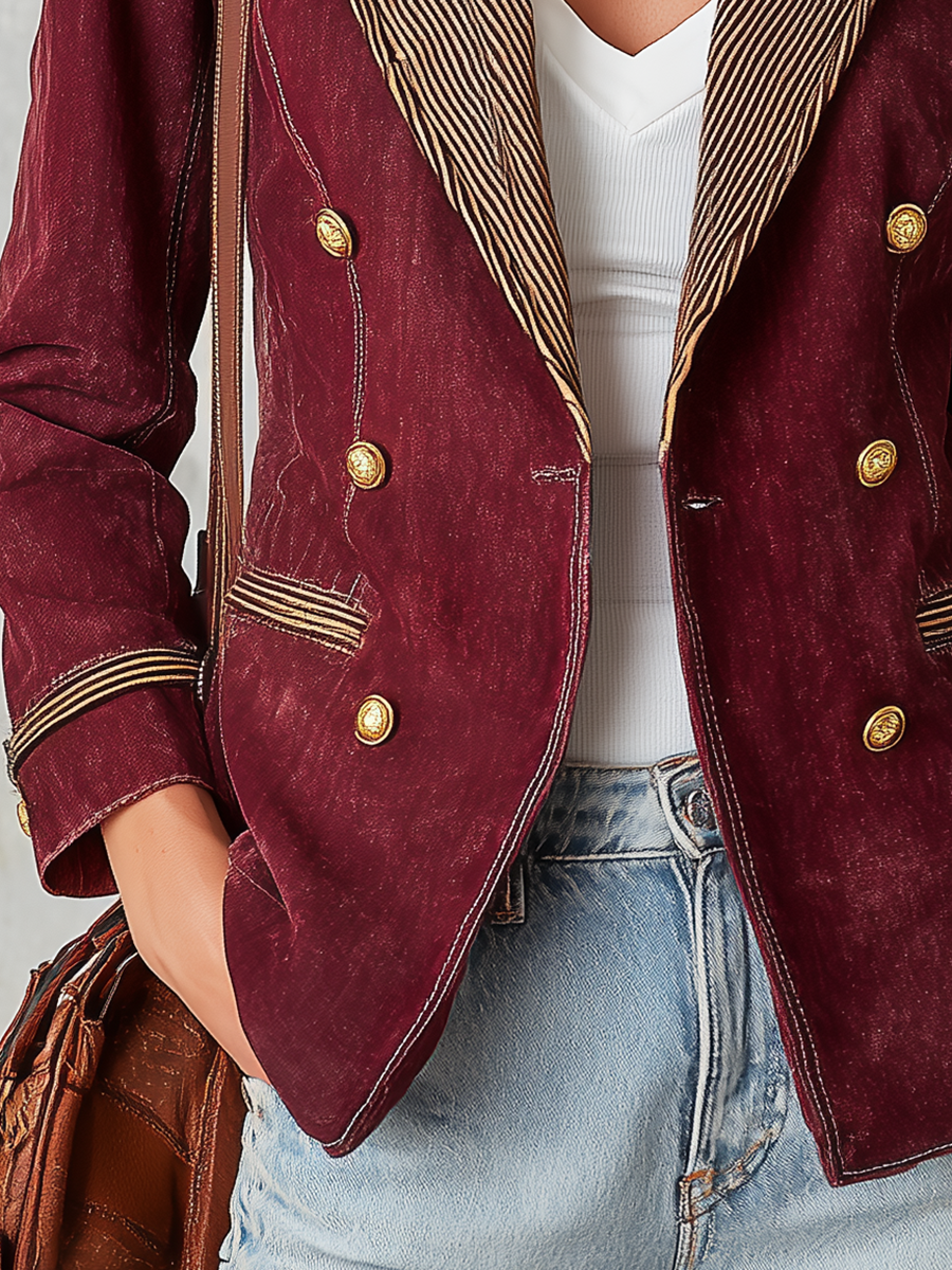 Burgundy Double Breasted Blazer With Striped Lapels