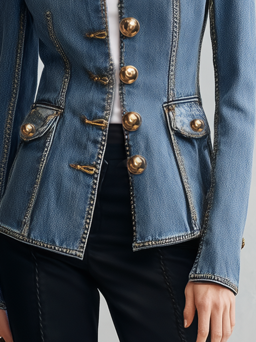 Tailored Denim Military Jacket With Stand Collar