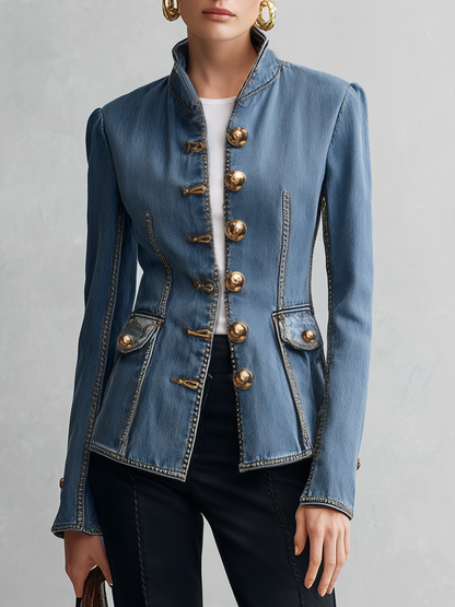Tailored Denim Military Jacket With Stand Collar