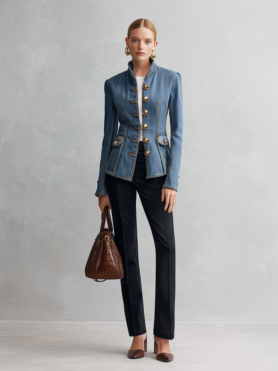 Tailored Denim Military Jacket With Stand Collar